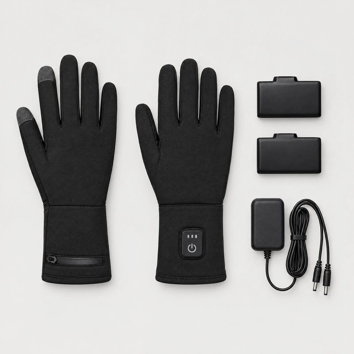 In the box: one pair of gloves, two batteries and a charger with a dual cable