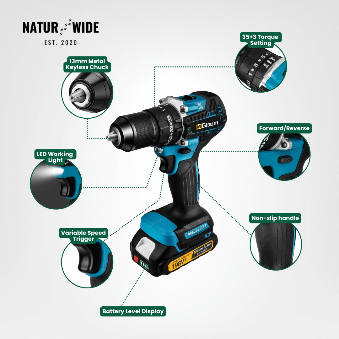 GIsam 13mm Electric Drill Brushless Impact Screwdriver Dual Speed ​​35+3 Torque Cordless Power Tool for Makita 18V Battery pins