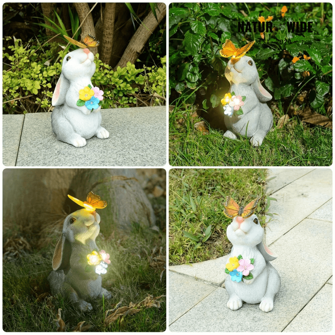 Solar Bunny Garden Statue – LED Butterfly Resin Decor