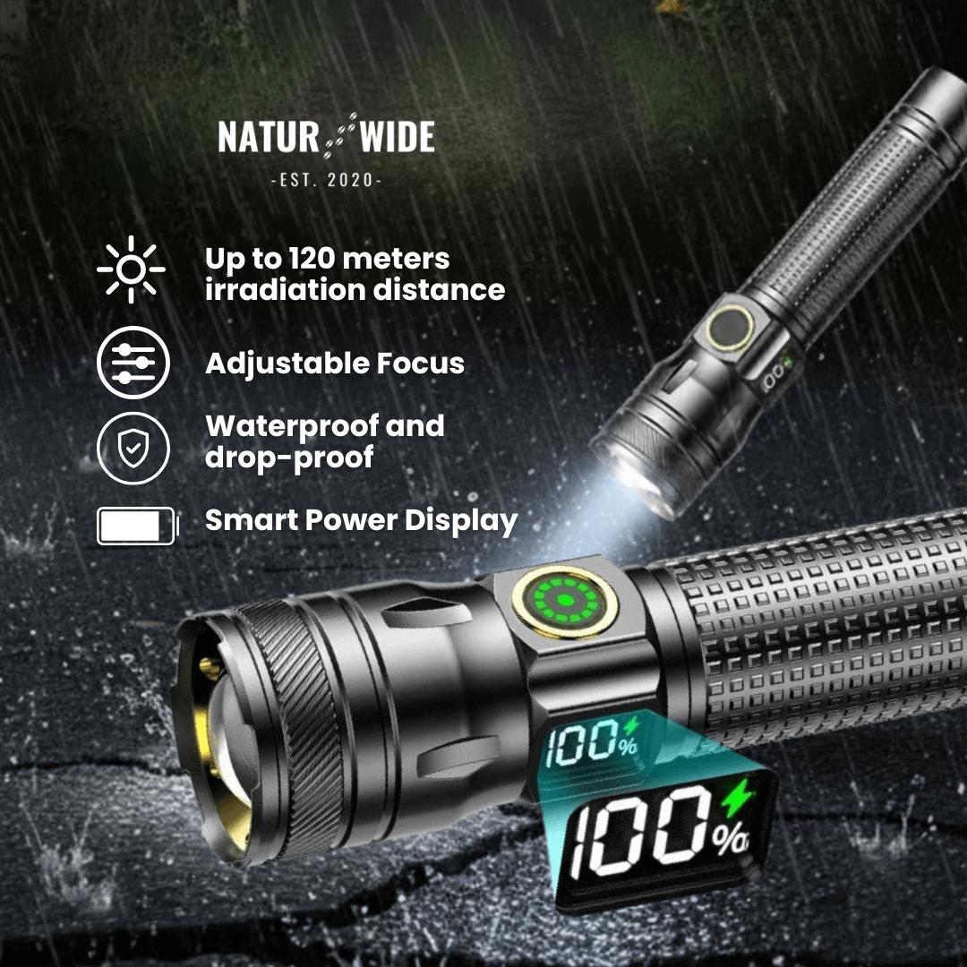Aluminum LED Flashlight – Rechargeable, Waterproof & Power Display