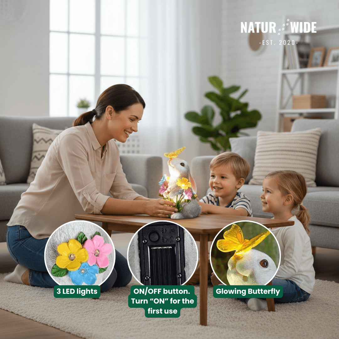 Solar Bunny Garden Statue – LED Butterfly Resin Decor