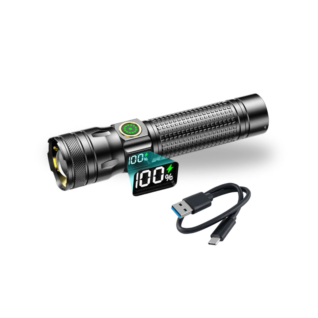 Aluminum LED Flashlight – Rechargeable, Waterproof & Power Display