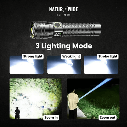 Aluminum LED Flashlight – Rechargeable, Waterproof & Power Display