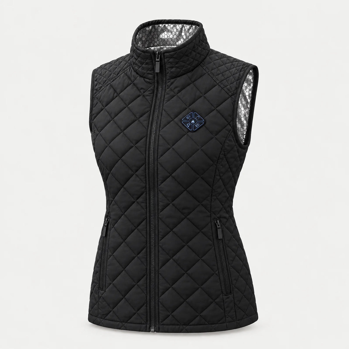 Women's heated vest in black with high collar and diamond quilting, front view