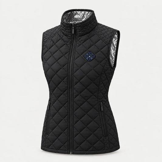 Women's heated vest in black with high collar and diamond quilting, front view