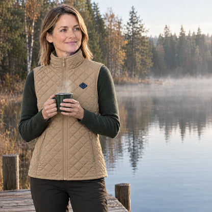 Woman in the beige heated vest holding a mug by a lake on a cold morning