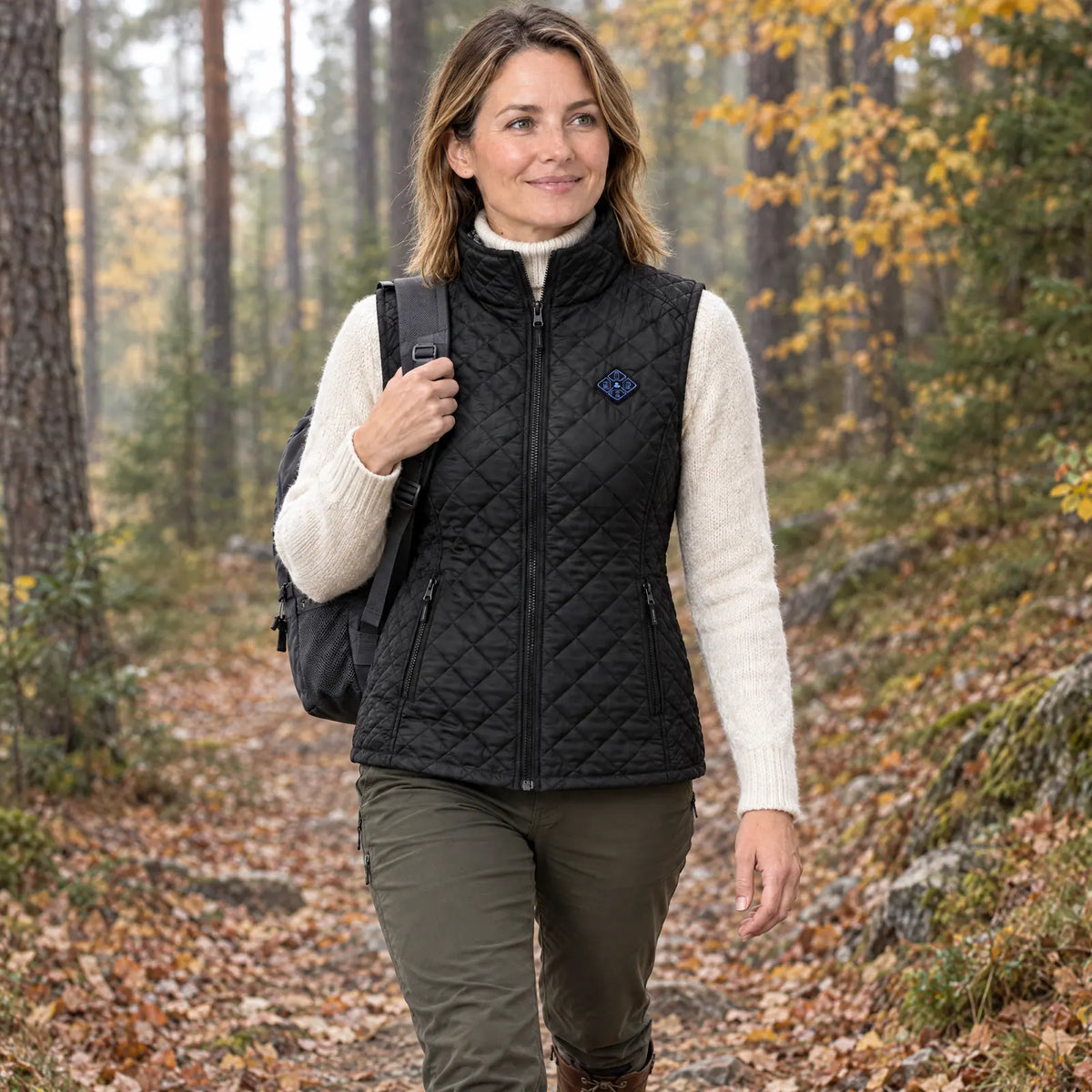 Woman in the black heated vest on a forest trail in autumn
