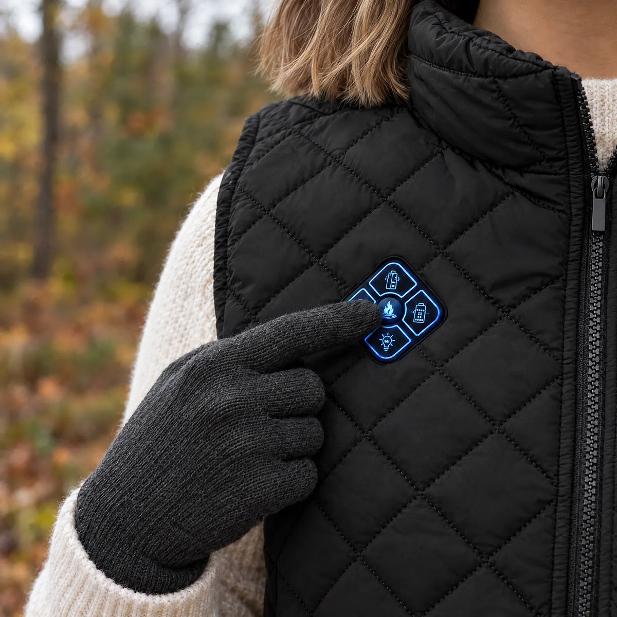 Control button on the left chest of the women's heated vest, 3 heat levels