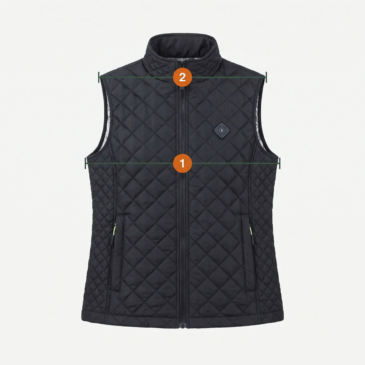 Measuring points of the vest: 1 chest, 2 shoulder width