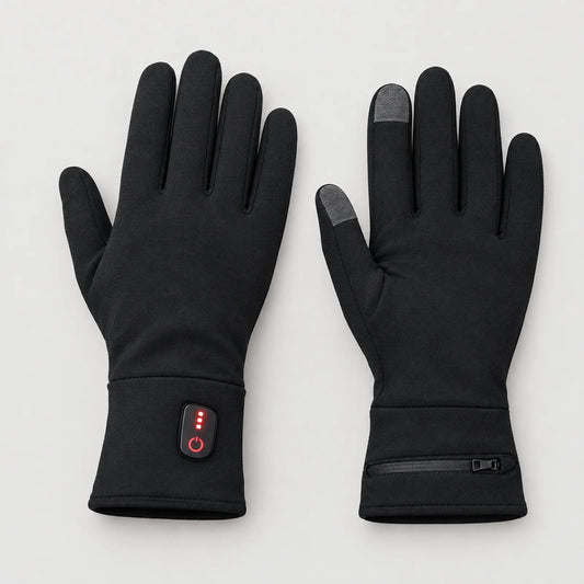 Black heated glove liners: back with control button, palm with battery pocket