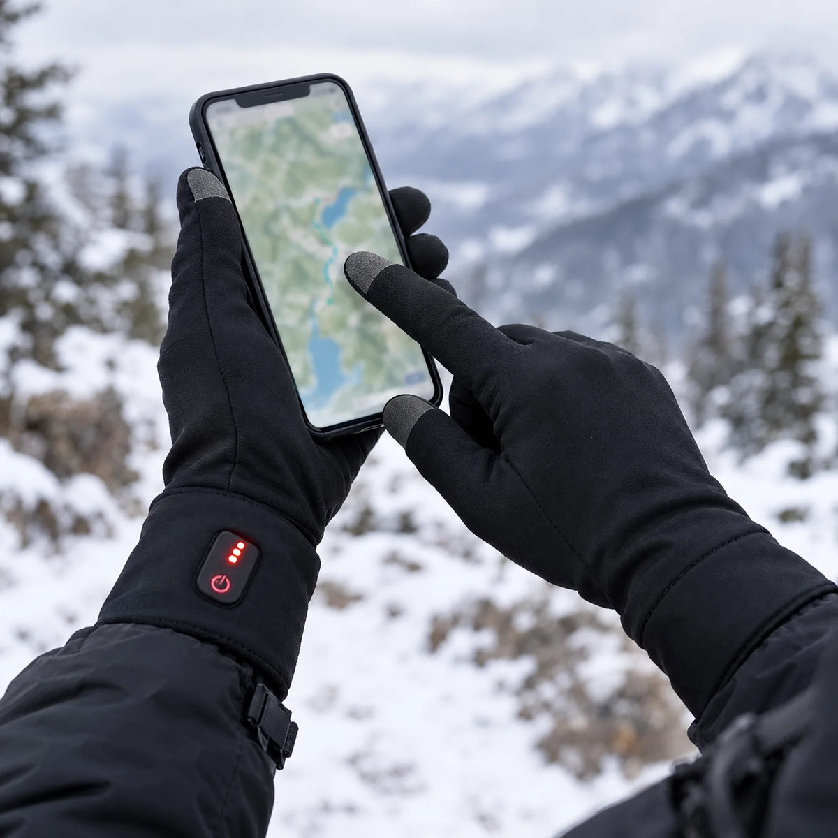 Using a phone with the touchscreen index finger in the snow