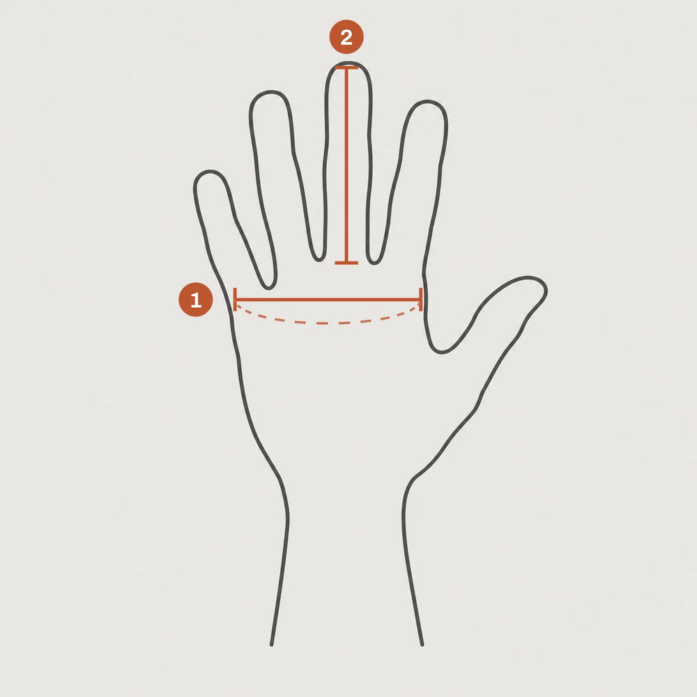 Hand with two measuring lines: 1 hand circumference, 2 middle finger