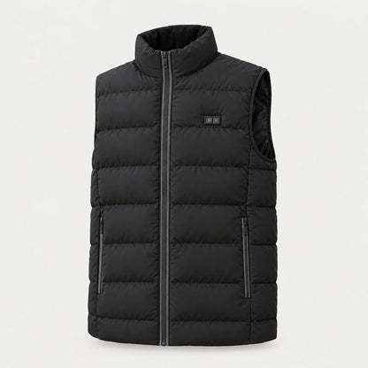 Heated vest 2.0 in black with high collar, front view