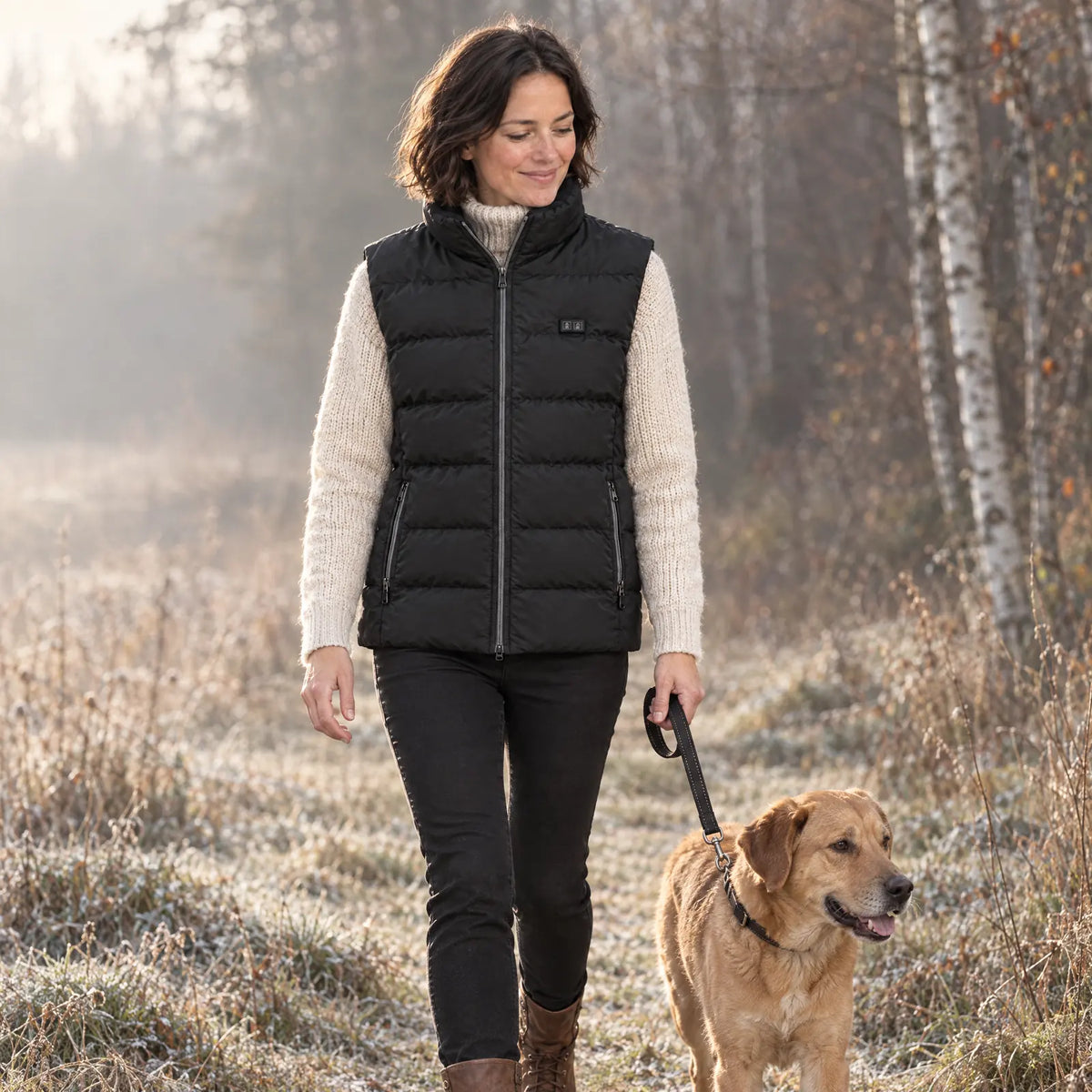 Woman in the heated vest 2.0 walking her dog