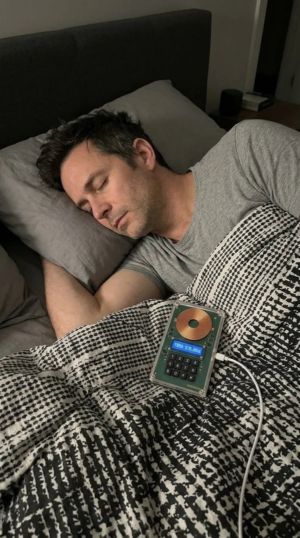 Man sleeping with the Restwaves frequency generator on the bed