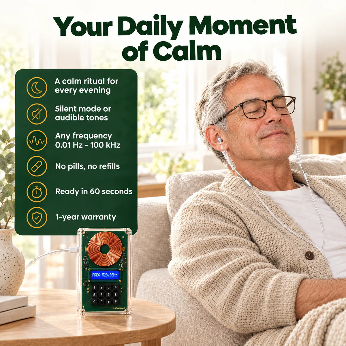 Man relaxing on the sofa with Restwaves air-tube earphones and the frequency generator