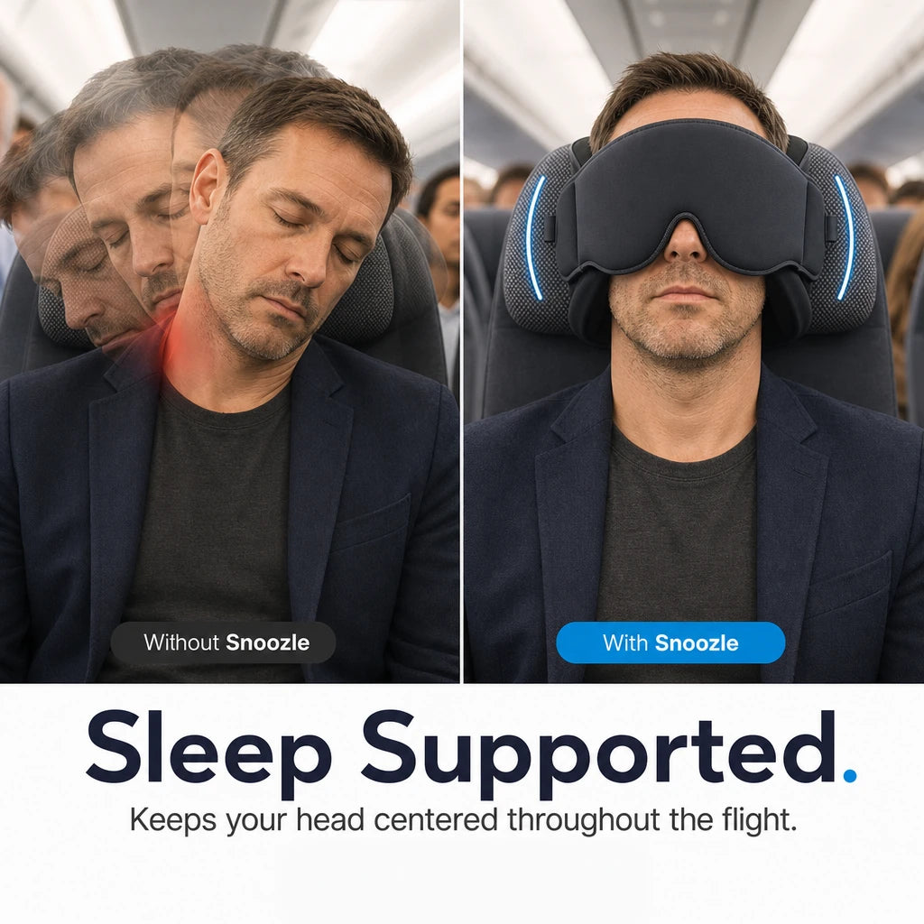 Man asleep on a plane: his head tips over without Snoozle and stays centered with Snoozle
