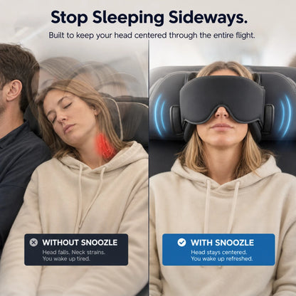 Before and after: without Snoozle the head falls sideways, with Snoozle it stays centered against the headrest